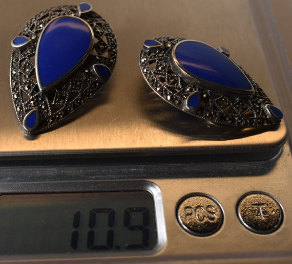 LARGE Lapis Blue Enamel Vintage Clip Earrings Ste… - image 4