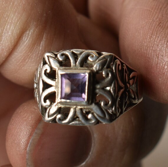 Vintage FAS Sterling Ring Square Faceted Amethyst… - image 2