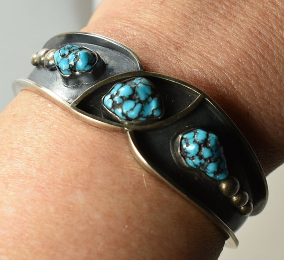 Signed Navajo Sterling Turquoise Cuff Bracelet Tom