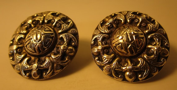 Vintage Chinese Silver Shou Earrings, Screwbacks