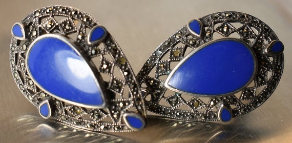 LARGE Lapis Blue Enamel Vintage Clip Earrings Ste… - image 3