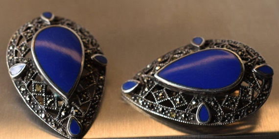 LARGE Lapis Blue Enamel Vintage Clip Earrings Ste… - image 2