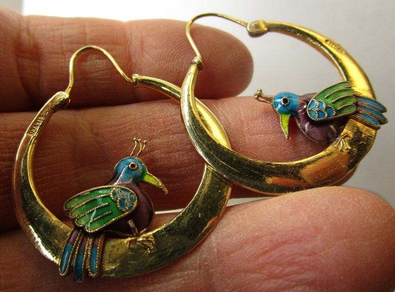 Vintage Laurel Burch Earrings Enamel Birds Sterling Vermeil Hoops Blue Purple