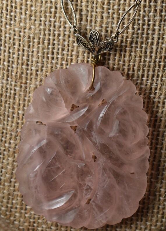 Chinese Export Carved Rose Quartz Silver Necklace 