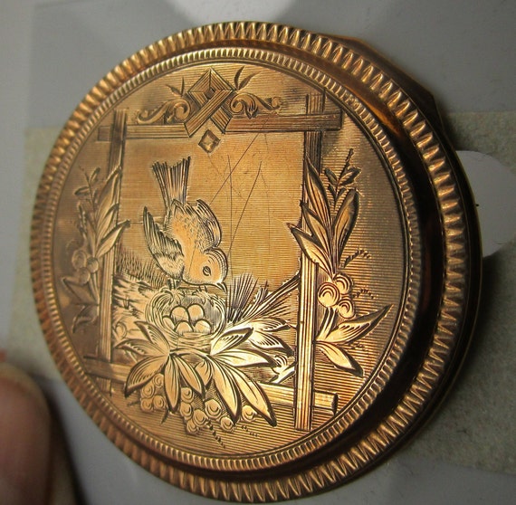 Antique Watch Case Pin Brooch Engraved Bird Nest