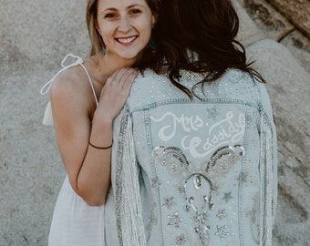 CUSTOM WEDDING JACKET | Deposit Only | Unique Bridal Jacket | Personalized Hand Painted Lettering and Embellished Denim, Leather & Suede