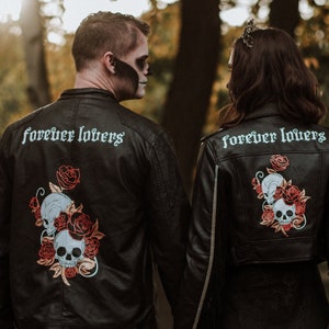 FOR RENT: Matching Skull Jackets Painted His & Hers Jackets for Goth, Halloween, and Alternative Couples Painted Skulls and Suede Fringe image 4