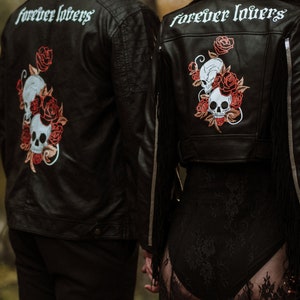 FOR RENT: Matching Skull Jackets Painted His & Hers Jackets for Goth, Halloween, and Alternative Couples Painted Skulls and Suede Fringe image 1