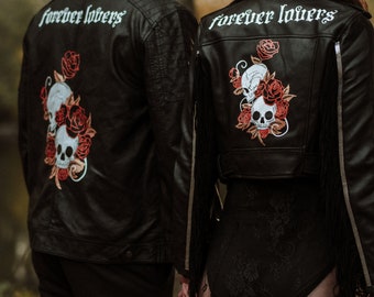 FOR RENT: Matching Skull Jackets | Painted His & Hers Jackets for Goth, Halloween, and Alternative Couples | Painted Skulls and Suede Fringe