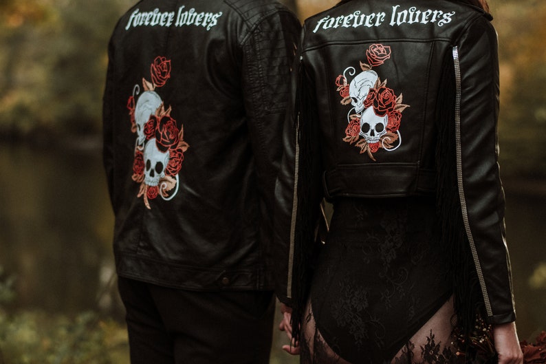 FOR RENT: Matching Skull Jackets Painted His & Hers Jackets for Goth, Halloween, and Alternative Couples Painted Skulls and Suede Fringe image 1