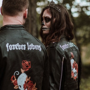 FOR RENT: Matching Skull Jackets Painted His & Hers Jackets for Goth, Halloween, and Alternative Couples Painted Skulls and Suede Fringe image 3