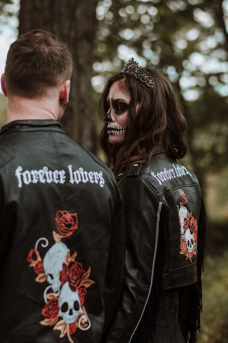 FOR RENT: Matching Skull Jackets Painted His & Hers Jackets for Goth, Halloween, and Alternative Couples Painted Skulls and Suede Fringe image 3