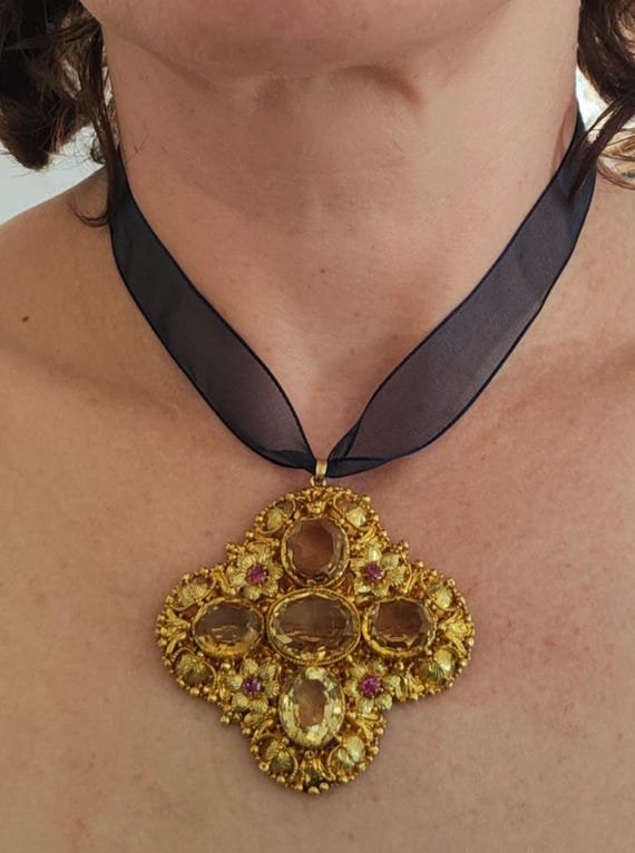Georgian Regency C1820 18-20kt Gold Cannetille Large Ruby Citrine