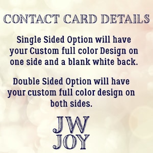 May include: Image with text: "CONTACT CARD DETAILS". Text describes single-sided and double-sided options for custom full-color designs. The JW JOY logo is at the bottom. The background is a soft, blurred gradient.
