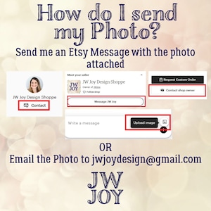 May include: Image with text: "How do I send my Photo?" and "Send me an Etsy Message with the photo attached." Instructions on how to send a photo via Etsy message or email. Includes the JW Joy Design Shoppe logo.