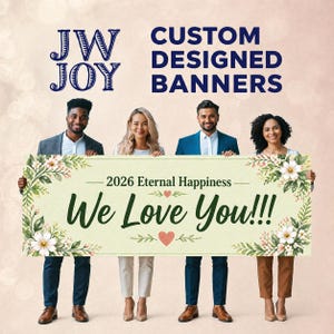 May include: A rectangular banner featuring the text 2026 Eternal Happiness We Love You!!!, decorated with watercolor-style white flowers and green leaves at the corners, with small red hearts above and below the central text.