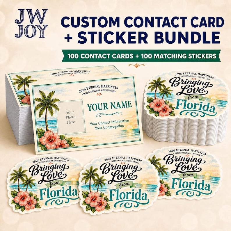May include: Custom contact card and sticker bundle. The contact cards feature a tropical beach scene with palm trees and hibiscus flowers. The stickers have the text "Bringing Love from Florida". The bundle includes 100 contact cards and 100 matching stickers.