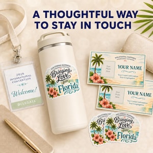 May include: An off-white water bottle with a sticker that says "Bringing Love from Florida" is displayed with name tags, stickers, and a pen. The text "A Thoughtful Way to Stay in Touch" is at the top.