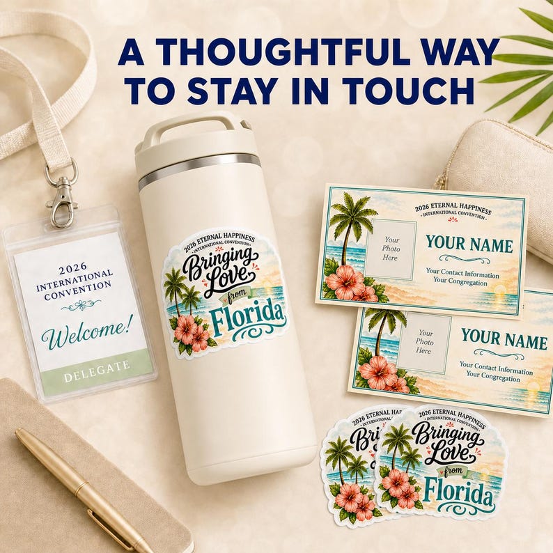 May include: An off-white water bottle with a sticker that says "Bringing Love from Florida" is displayed with name tags, stickers, and a pen. The text "A Thoughtful Way to Stay in Touch" is at the top.