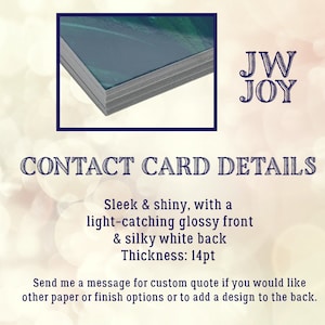 May include: A stack of contact cards with a glossy front and white back, displayed in a dark blue frame. The text reads "CONTACT CARD DETAILS" and highlights the cards' sleek, shiny finish and 14pt thickness.