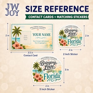 May include: Size reference for contact cards and stickers. The contact card is 3.5 inches wide and 2 inches tall. The stickers are 2 and 3 inches in diameter. The design includes palm trees, flowers, and the text "Bringing Love from Florida."