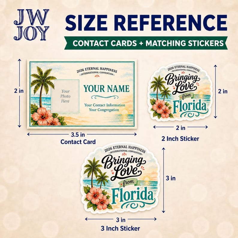 May include: Size reference for contact cards and stickers. The contact card is 3.5 inches wide and 2 inches tall. The stickers are 2 and 3 inches in diameter. The design includes palm trees, flowers, and the text "Bringing Love from Florida."