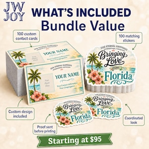 May include: A bundle of contact cards and stickers with a tropical theme. The cards and stickers feature palm trees, flowers, and the text "Bringing Love from Florida." The cards have space for a photo and contact information.