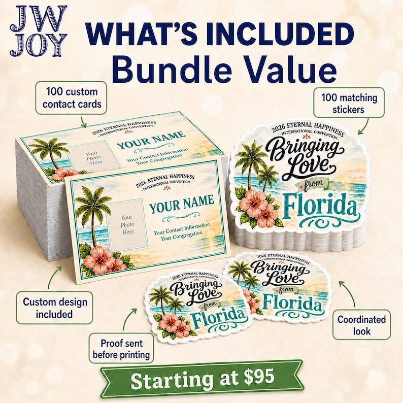 May include: A bundle of contact cards and stickers with a tropical theme. The cards and stickers feature palm trees, flowers, and the text "Bringing Love from Florida." The cards have space for a photo and contact information.