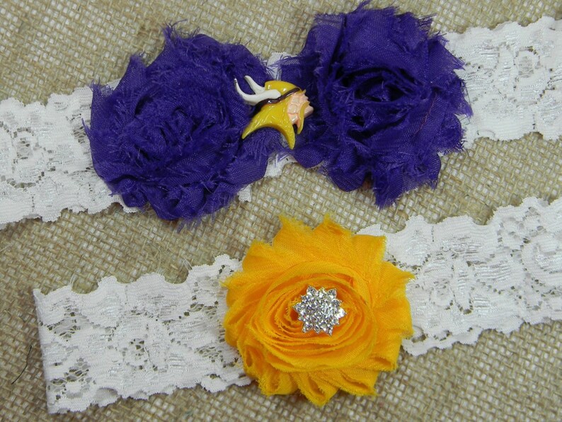 Football Vikings Wedding Garter Set Purple and Gold Flower Garter Set Bridal Garter Set Sports Team Garter Keepsake and Toss Garter Set