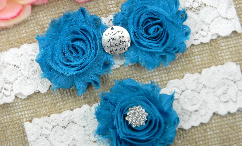 Peacock Blue Wedding Garter Missing You As I Walk Down the Aisle Wedding Garter Set or One Garter Rhinestone Bridal Garter and Toss Garter