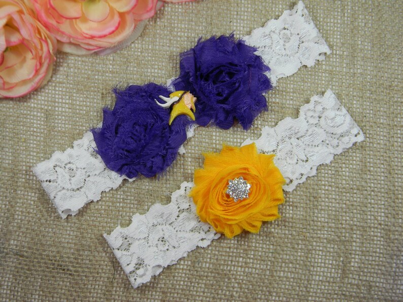 Football Vikings Wedding Garter Set Purple and Gold Flower Garter Set Bridal Garter Set Sports Team Garter Keepsake and Toss Garter Set