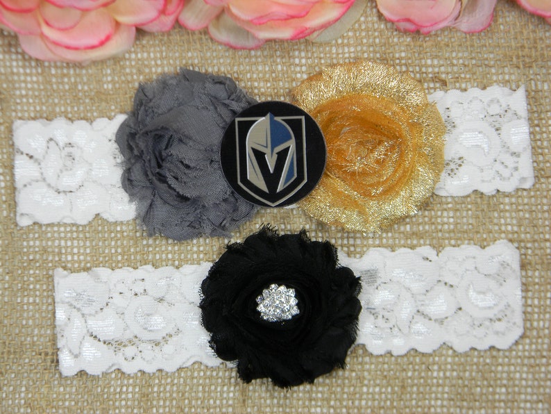 Sports Team Bridal Garter and Toss Garter Set Dark Gray Metallic Gold and Black Knights Hockey Wedding Garter Set Flower Wedding Garter