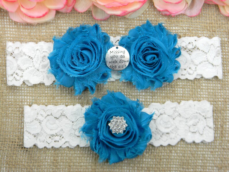 Peacock Blue Wedding Garter Missing You As I Walk Down the Aisle Wedding Garter Set or One Garter Rhinestone Bridal Garter and Toss Garter