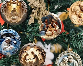 Juego de 8 adornos navideños de escena de la Natividad en 2D: Decoración navideña de madera,