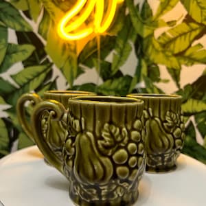 Set of 3 Vintage MCM Green Glazed Ceramic Coffee Mugs 1970s Japan