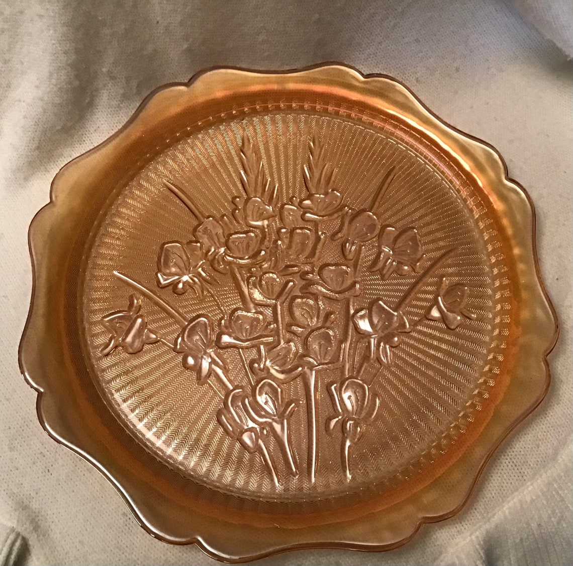 Amber Carnival glass serving plate Raised design Scalloped Etsy