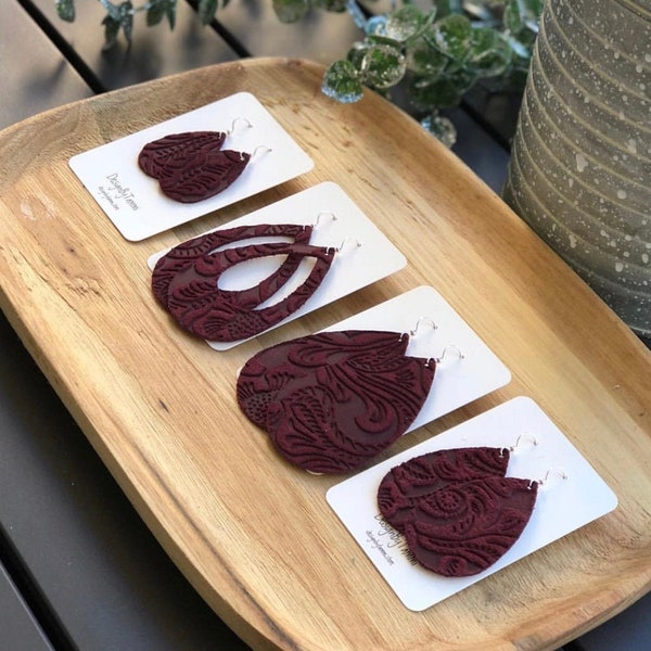 Teardrop Earrings, Maroon Floral Embossed Leather Teardrop Earrings, Burgundy Teardrop Earrings, Burgundy Floral Embossed Leather Earrings