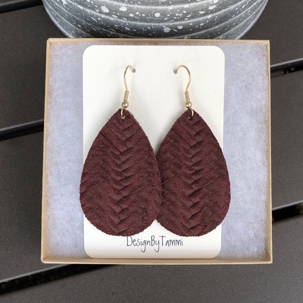 Maroon/burgundy braided/knit Italian leather teardrop earrings