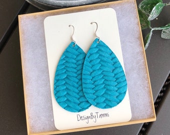 Turquoise braided/knit leather teardrop earrings