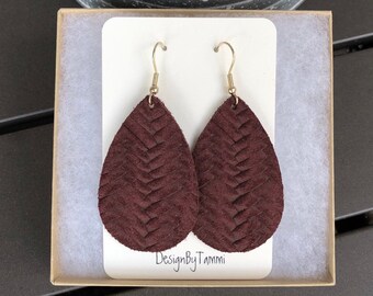 Maroon/burgundy braided/knit Italian leather teardrop earrings