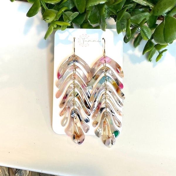 Leaf Fringe Dangle Earrings, Multicolor Leaf Earrings, Fringe Dangle Lightweight Earrings, Gift for her, Acrylic Tortoise Shell Leaf Earring