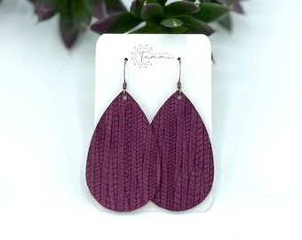 Maroon burgundy embossed palm leaf leather teardrop earrings