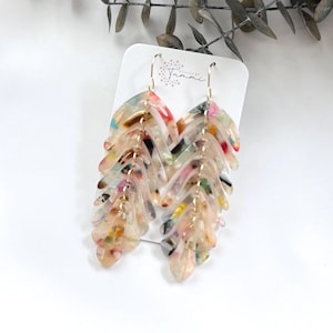 Multicolor, Yellow, Green, Pink, Tortoiseshell Leaf Fringe Dangle Earrings: Lightweight Acrylic Statement Jewelry