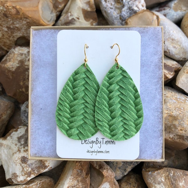 Lime green braided/knit Itailian leather teardrop earrings