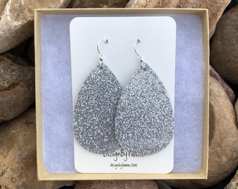 Silver sparkle/glitter leather teardrop, double circle and large cutout teardrop earrings