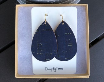 Navy cork leather teardrop earrings