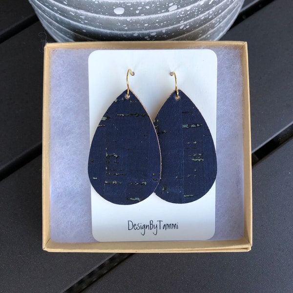 Navy cork leather teardrop earrings