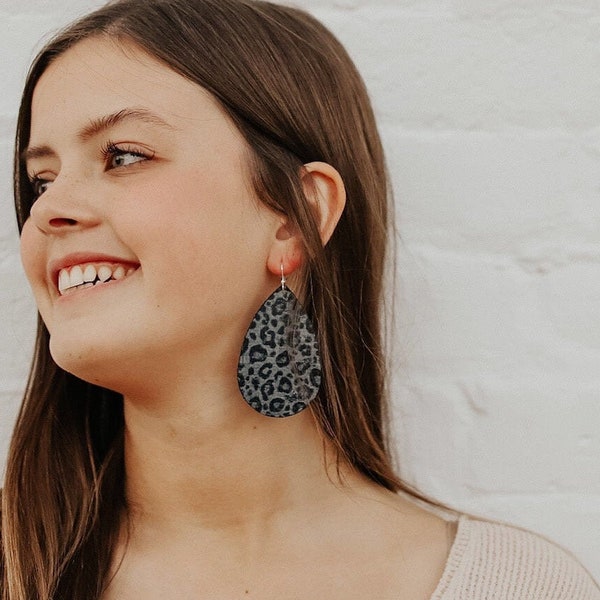 Gray leopard cork leather teardrop earrings, leather cuff bracelet