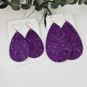 Purple Floral Embossed Leather Teardrop Earrings