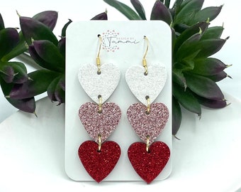 Dangle ombré leather glitter heart earrings